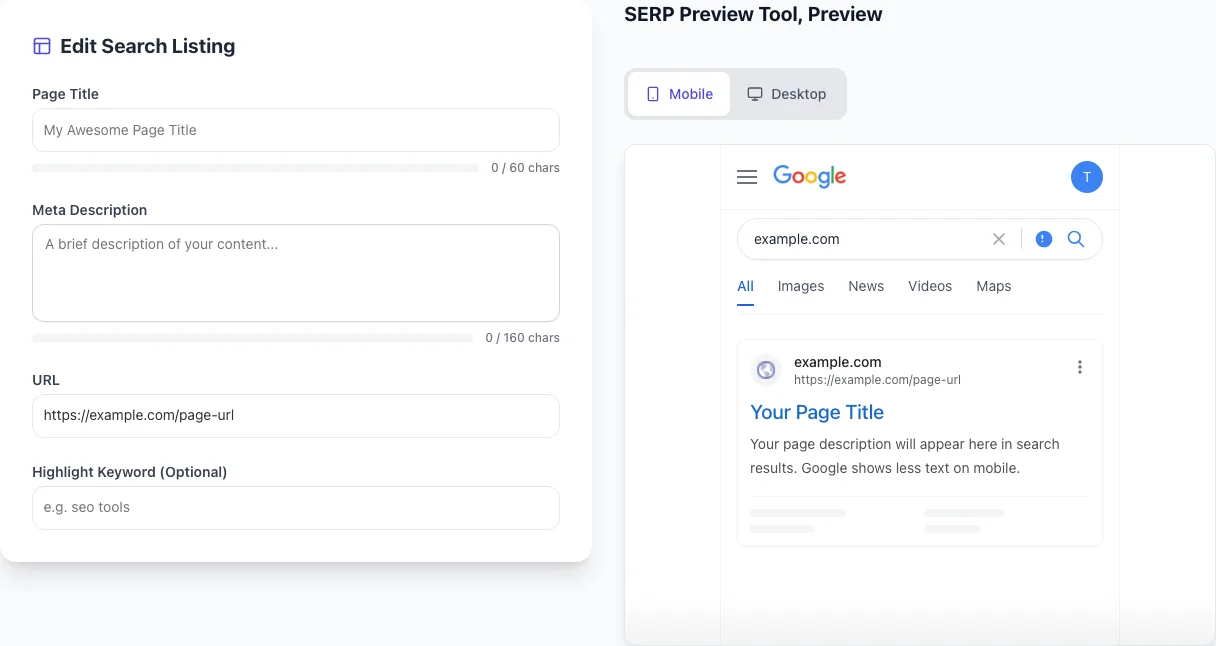 Empty Serp Preview Tool before any input