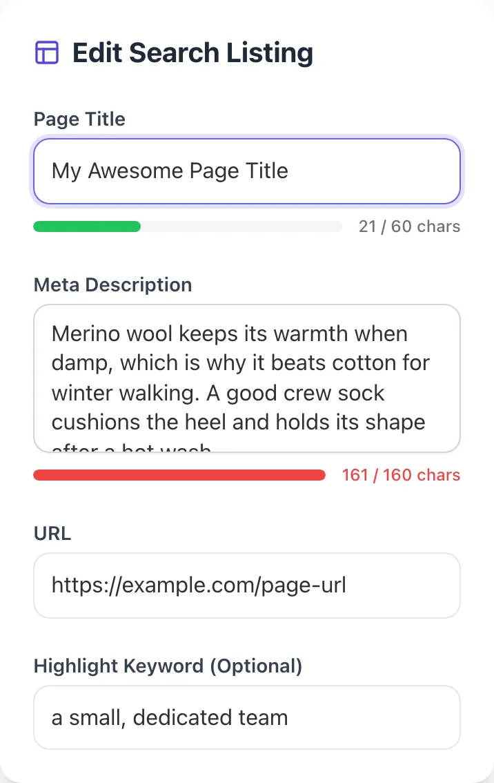 Serp Preview Tool with input filled in