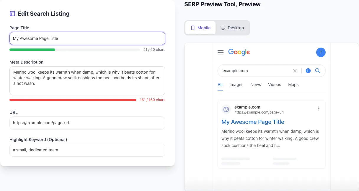 Serp Preview Tool with input filled in
