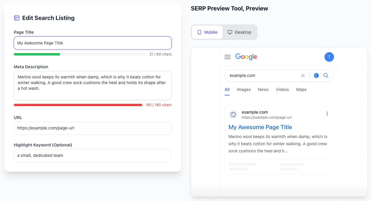 Serp Preview Tool showing its result