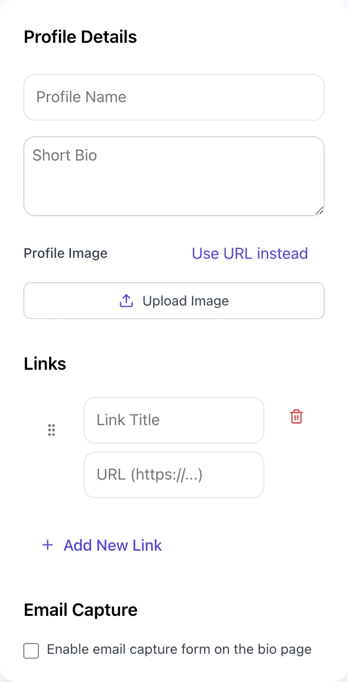 Empty Social Bio Link Generator before any input
