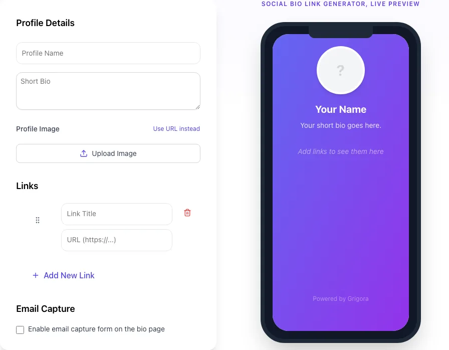 Empty Social Bio Link Generator before any input