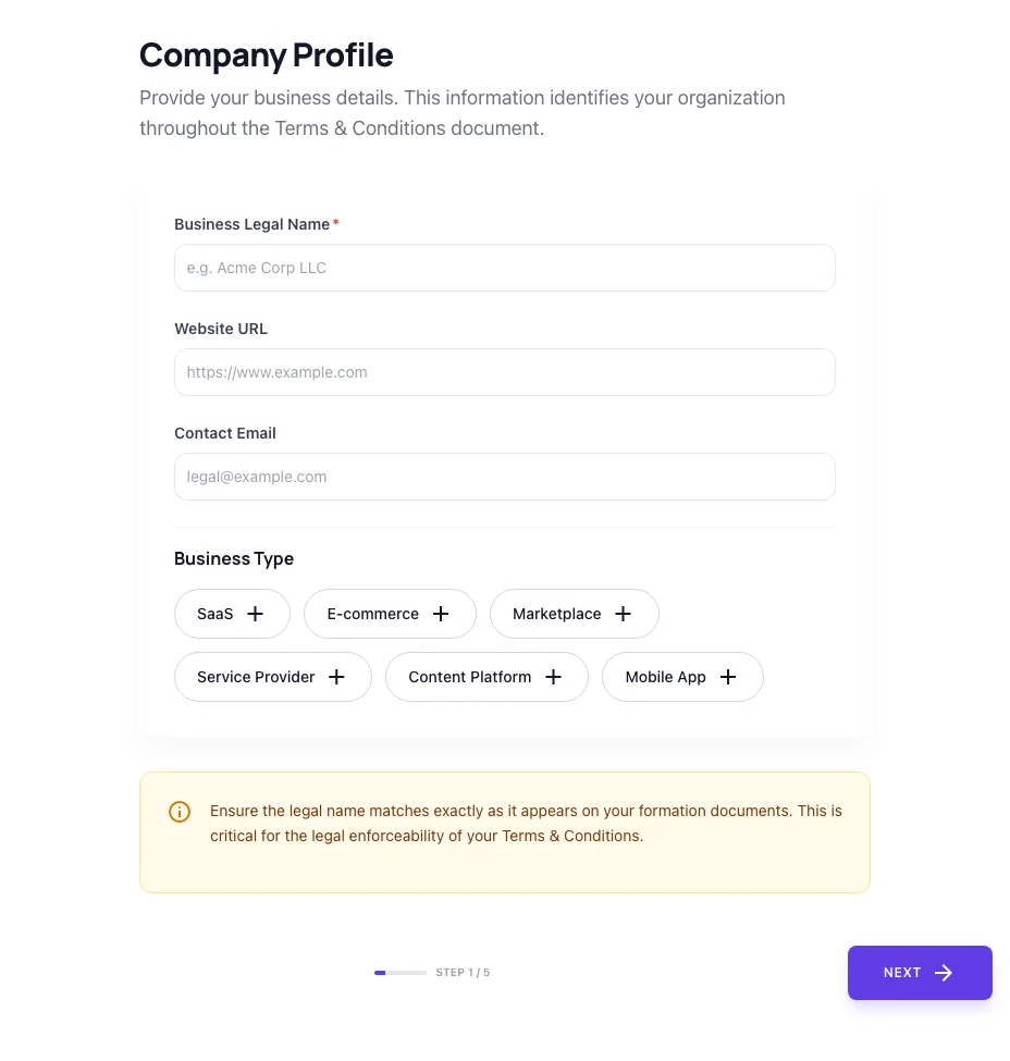 Empty Terms And Conditions Generator before any input