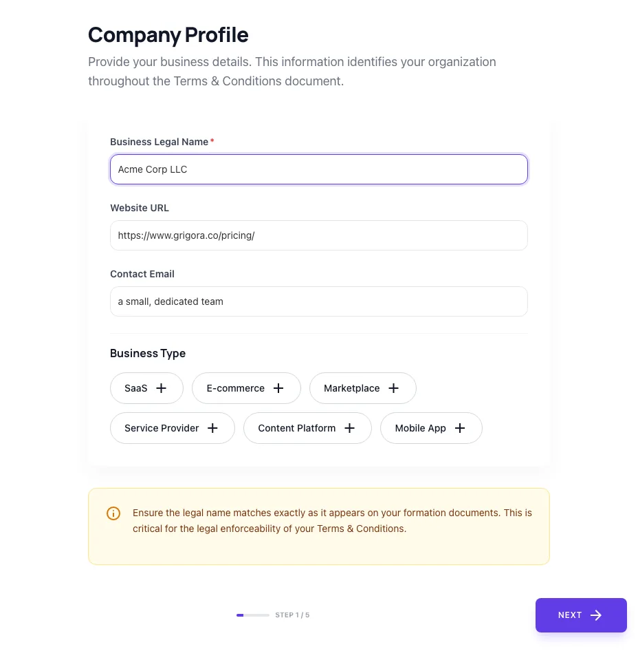 Terms And Conditions Generator with input filled in