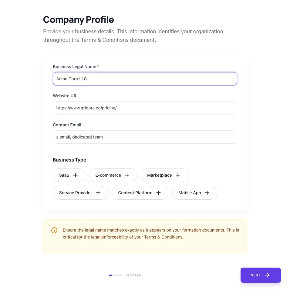 Terms And Conditions Generator showing its result