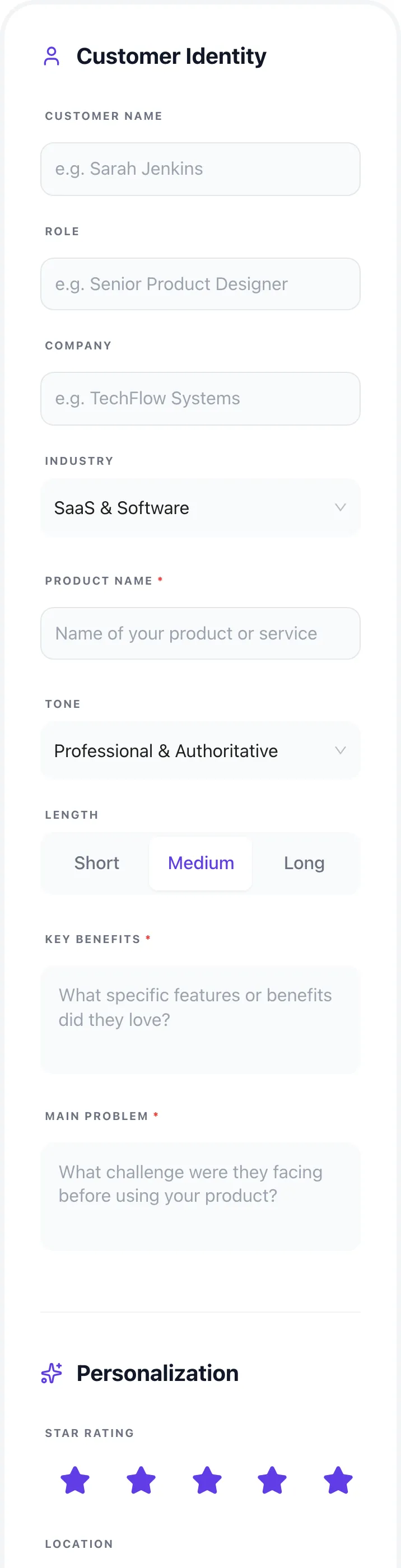 Empty Testimonial Generator before any input