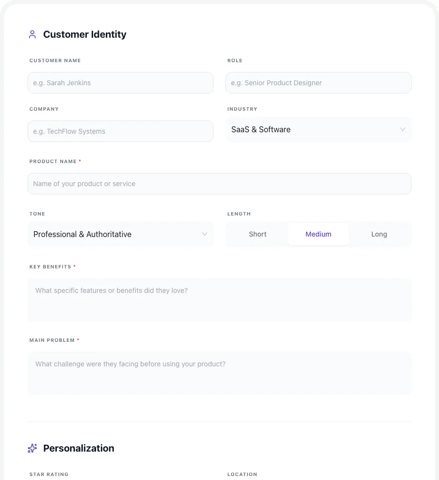 Empty Testimonial Generator before any input
