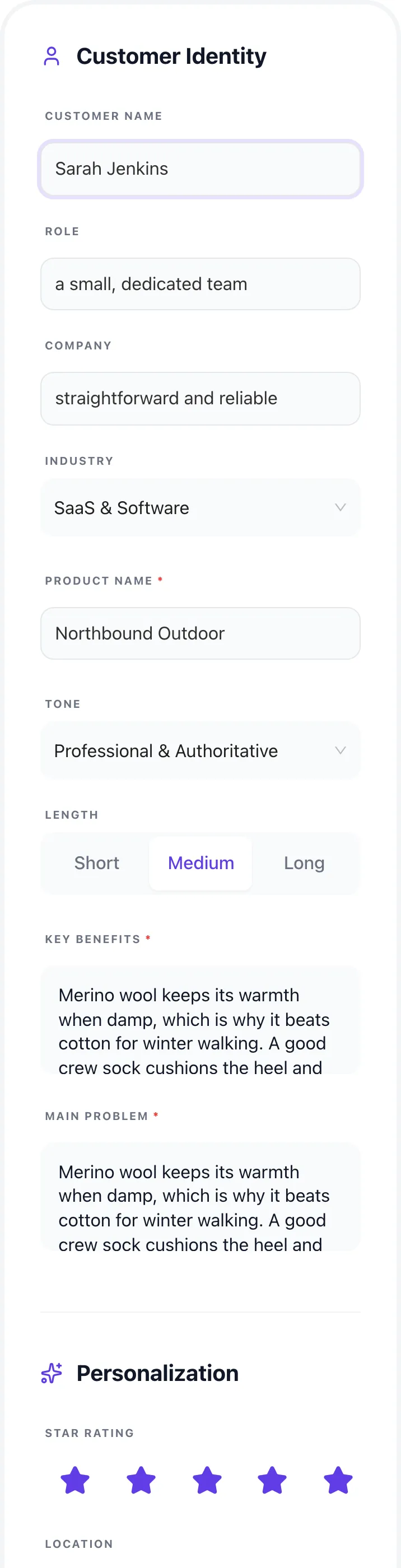 Testimonial Generator with input filled in