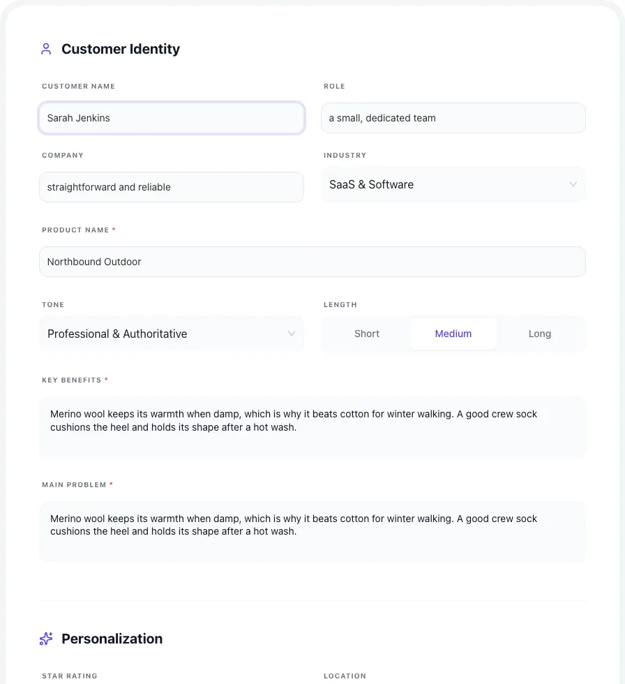 Testimonial Generator with input filled in