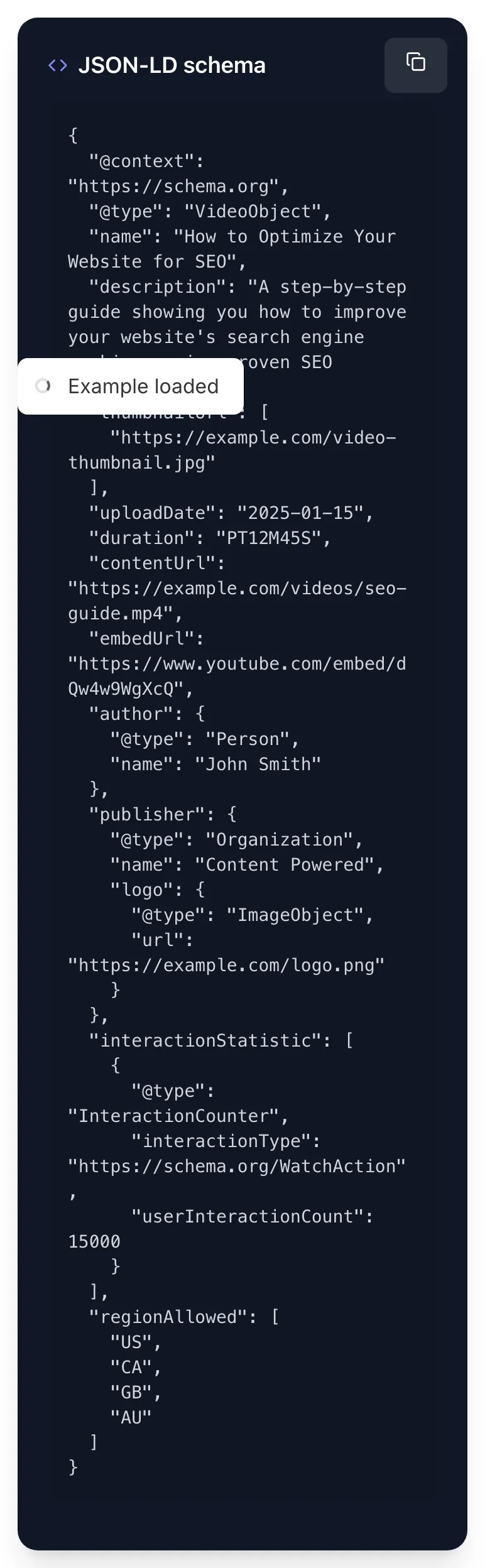 Video Schema Generator showing its result
