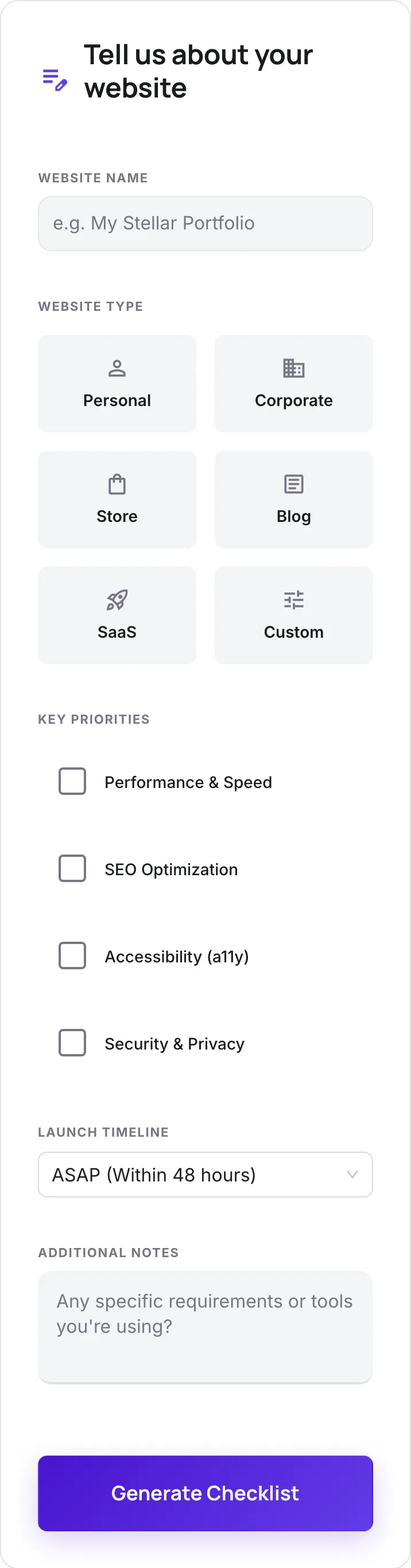 Empty Website Launch Checklist before any input