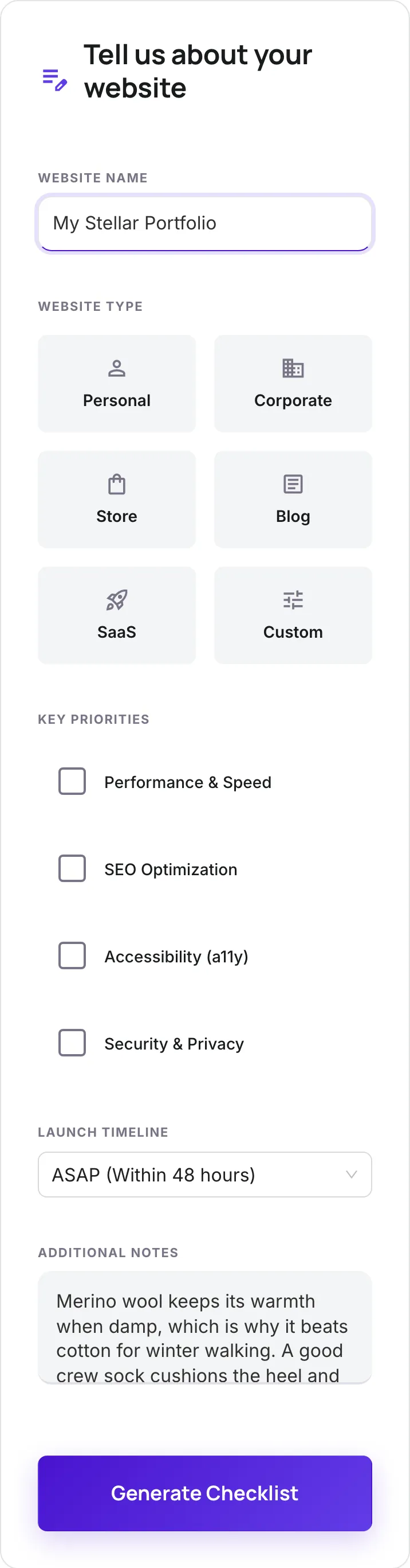 Website Launch Checklist with input filled in