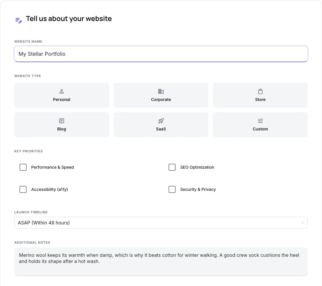 Website Launch Checklist with input filled in