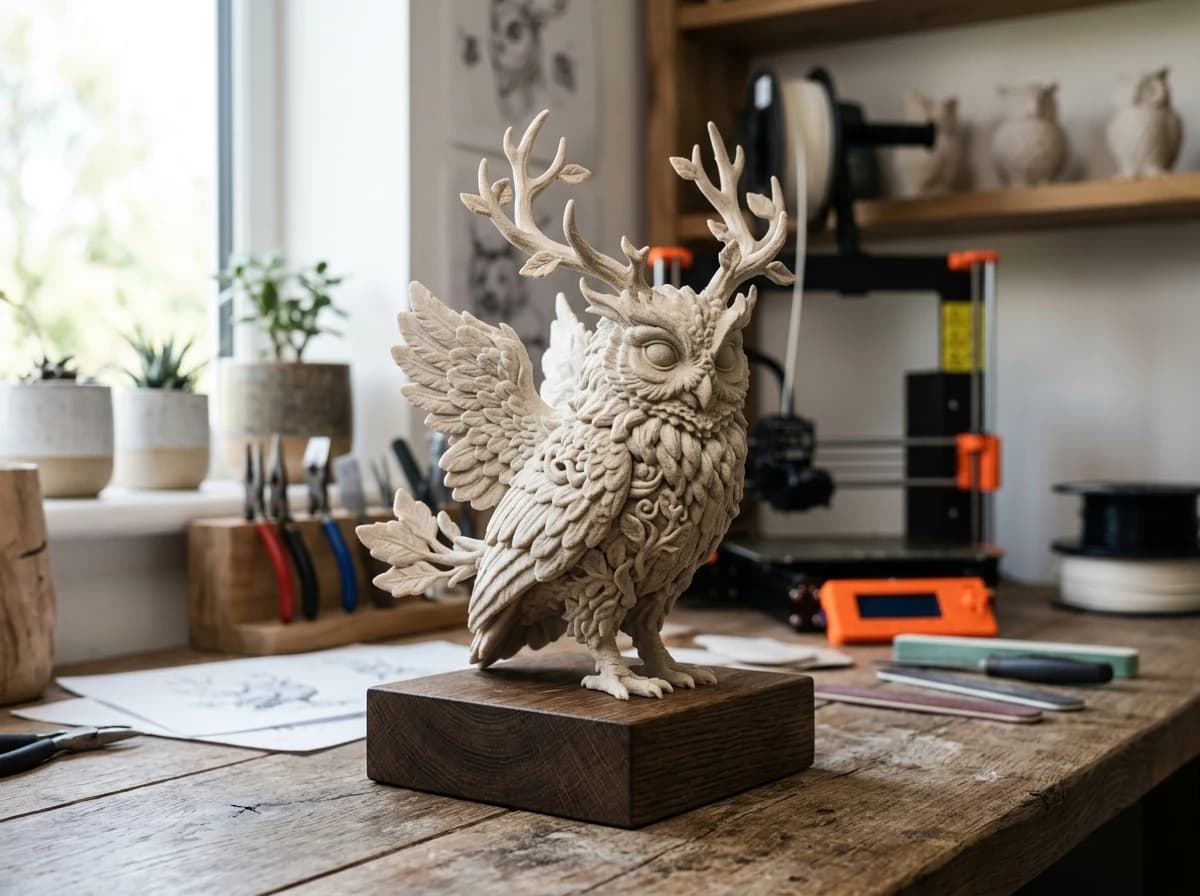 Studio photograph of an original intricate 3D printed imaginary woodland creature sculpture in matte sandstone resin on a neutral plinth