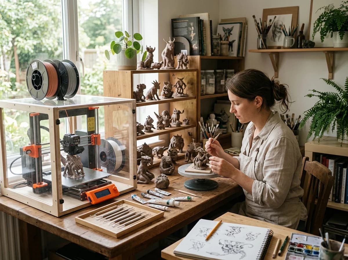 Working 3D artist studio with original small clay creature maquettes, drawing tools and a filament printer enclosed safely on a bench