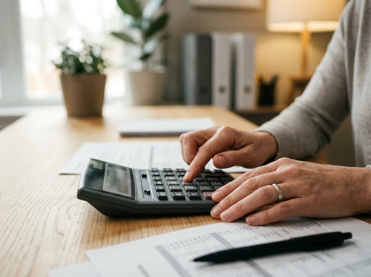 Close-up of an accountant's hands expertly pressing buttons on a professional desktop calculator, with a focused posture suggesting careful financial work.