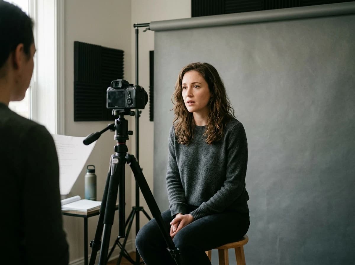 Fictional adult actor performing a quiet scene for an unbranded camera on a tripod against a neutral gray self-tape backdrop