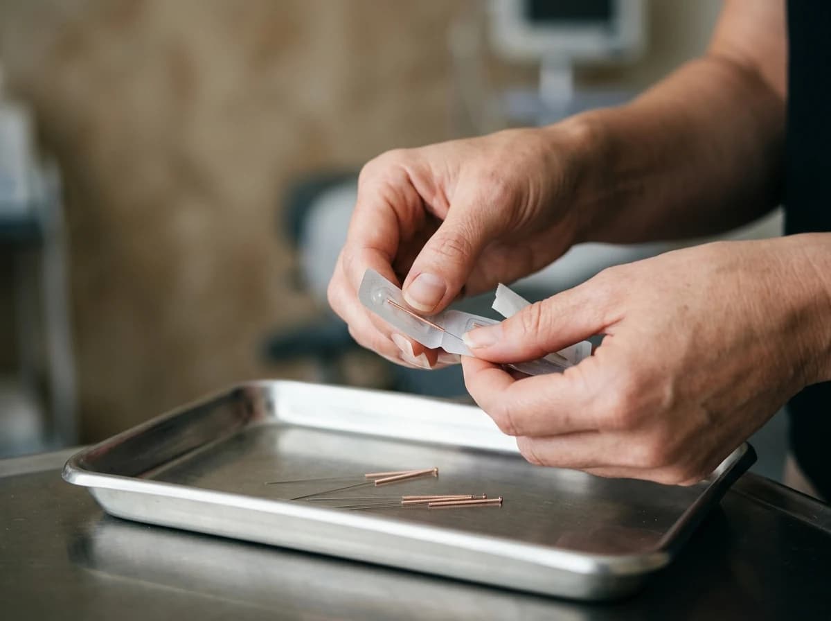 Acupuncturist's hands carefully preparing sterile acupuncture needles on a tray.