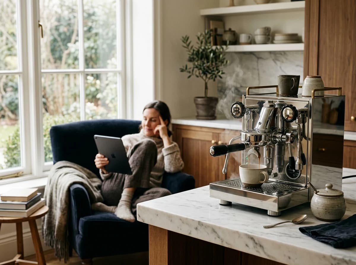A person comfortably seated in a cozy reading nook, using a tablet while a newly purchased espresso machine steams nearby.
