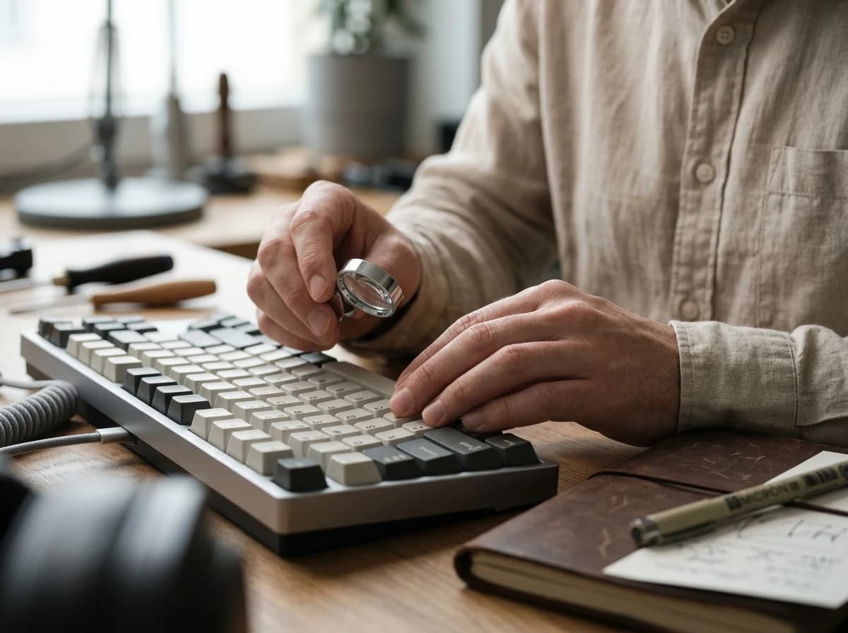Hands of an adult holding a magnifying glass over a high-tech mechanical keyboard to inspect build quality for a detailed review.