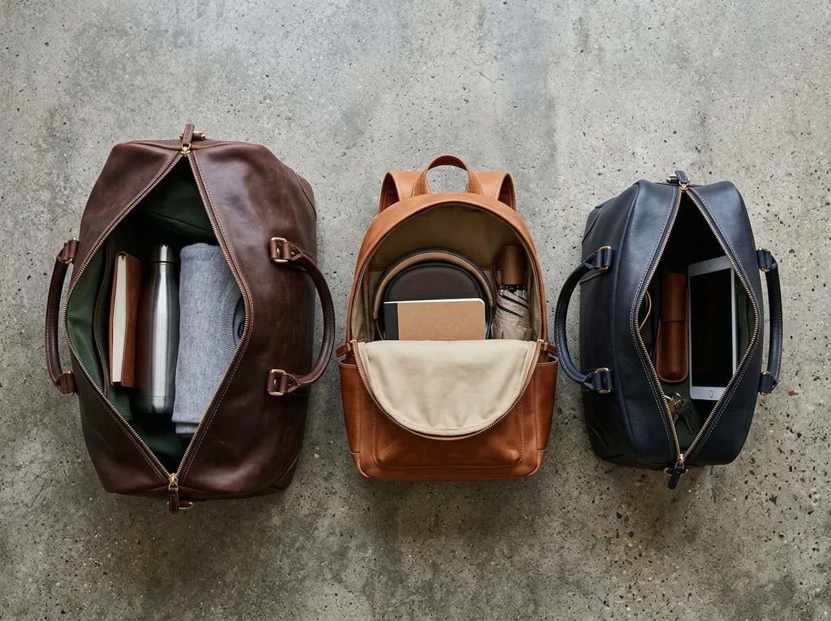 Top-down view of three different premium leather bags arranged on a neutral surface for a comparative product review and quality analysis.