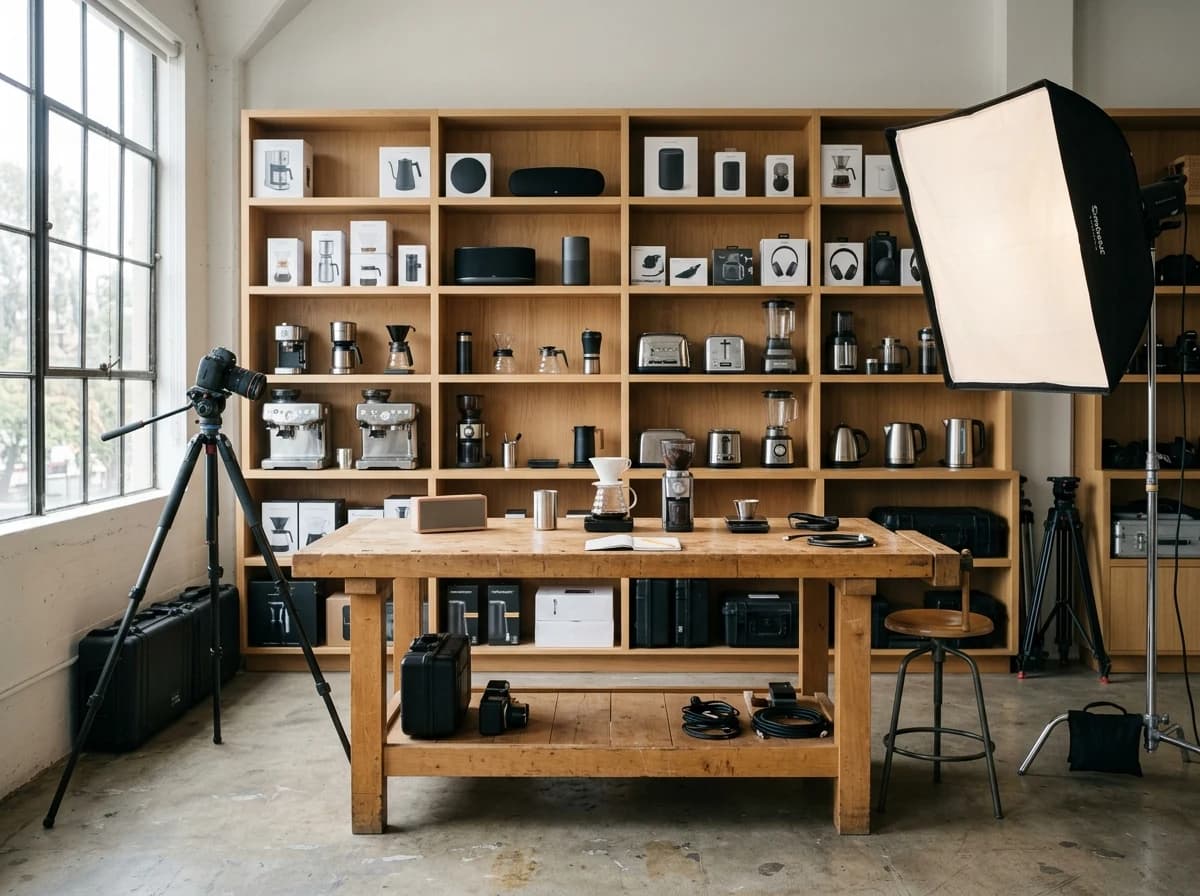A bright, airy studio with organized shelves of high-end kitchen appliances and consumer electronics ready for product testing and reviews.