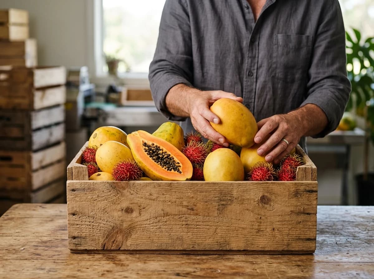 Fresh mangoes, papaya and rambutan in an entirely plain wooden produce crate