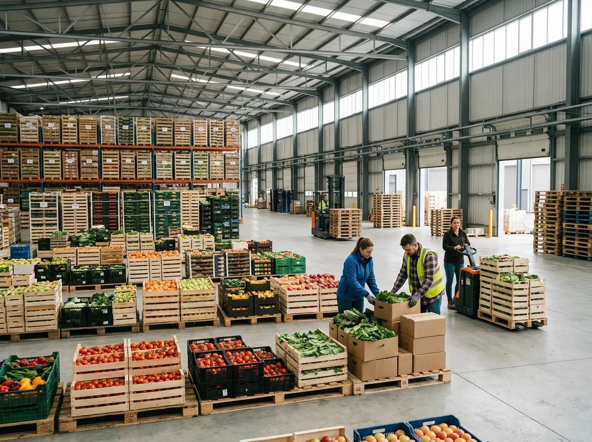 Large, clean warehouse floor filled with neatly stacked pallets of various fresh produce in crates, ready for export, bathed in natural light.