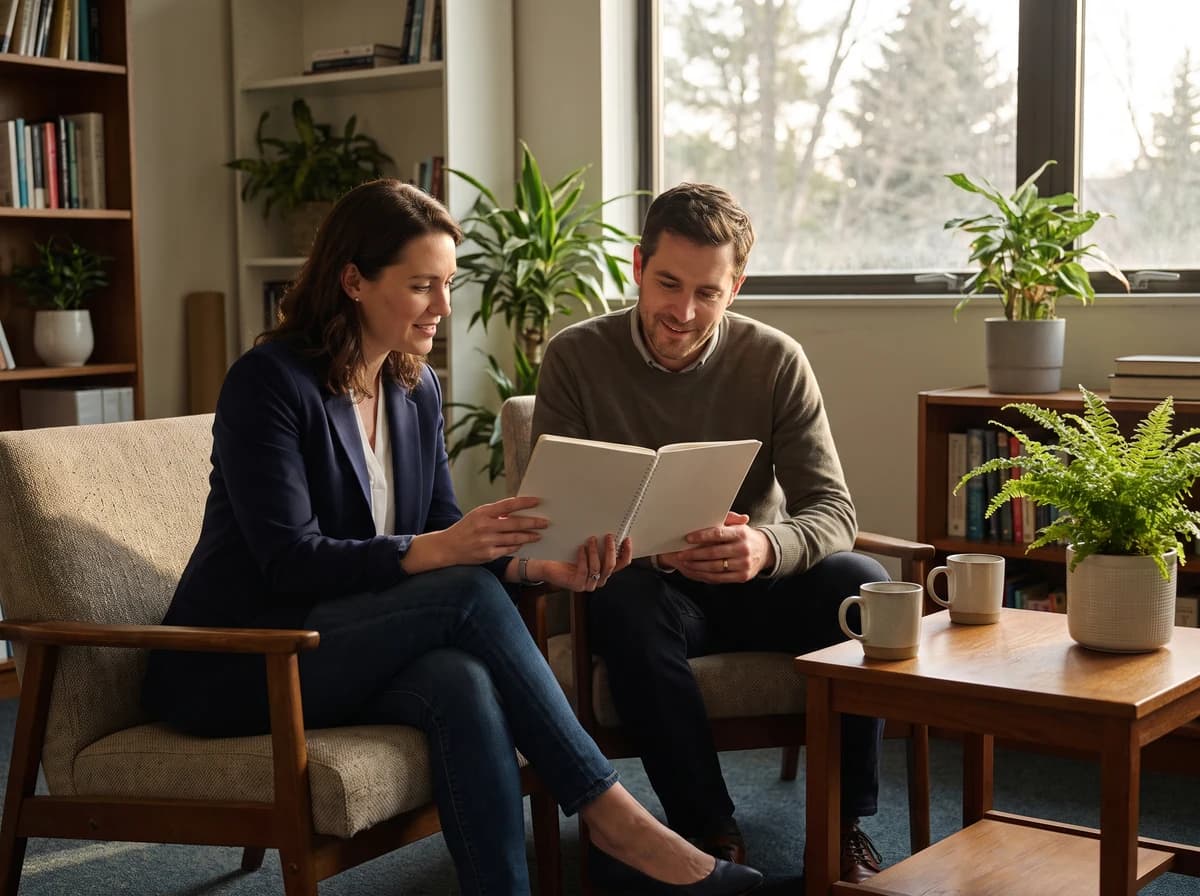 A woman in a navy blazer and a man in a green sweater look at an open notebook together in a bright seating area with plants and bookshelves.