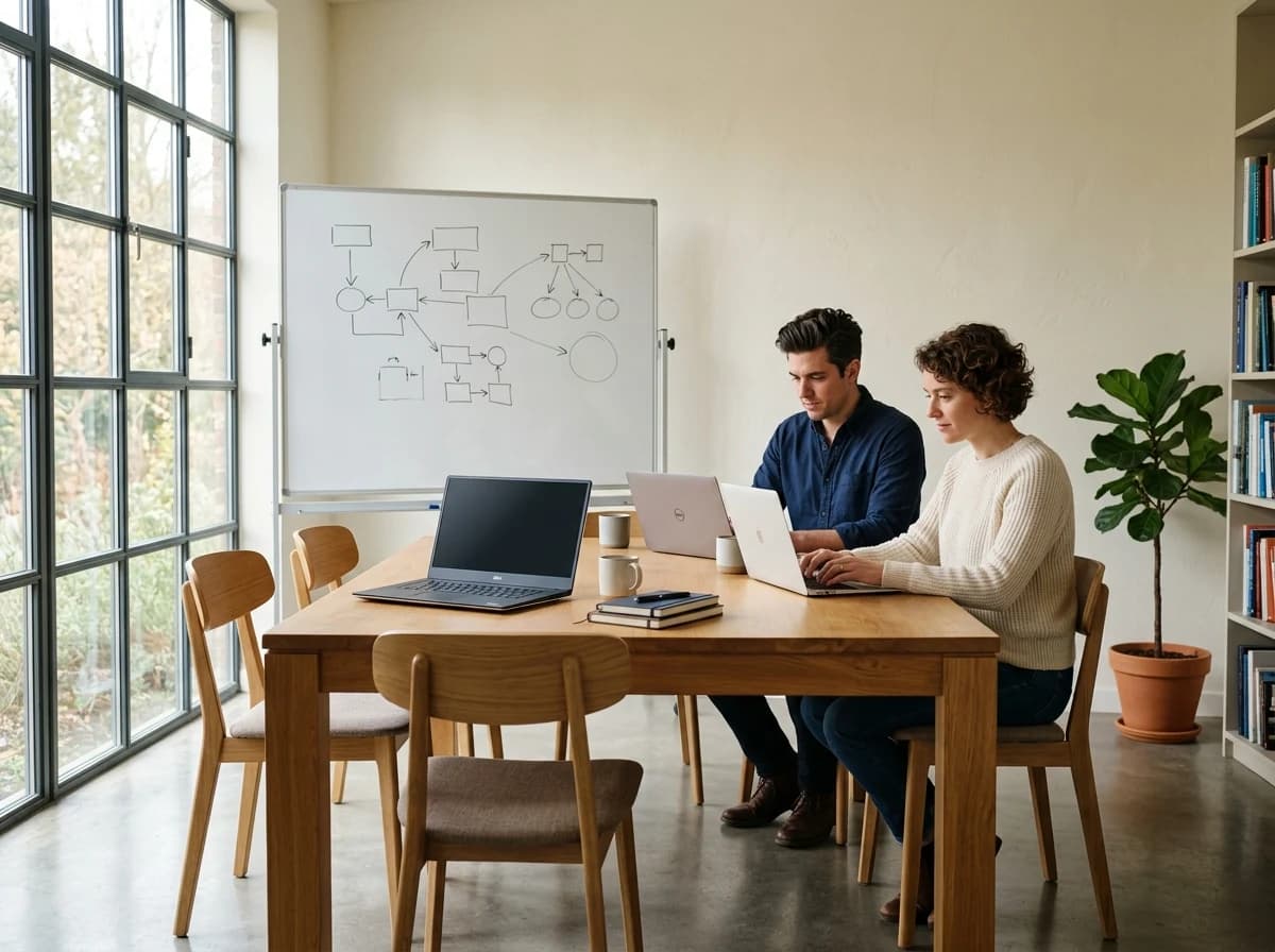 Two colleagues working at a wooden table in a bright consulting workspace with laptops and a whiteboard.