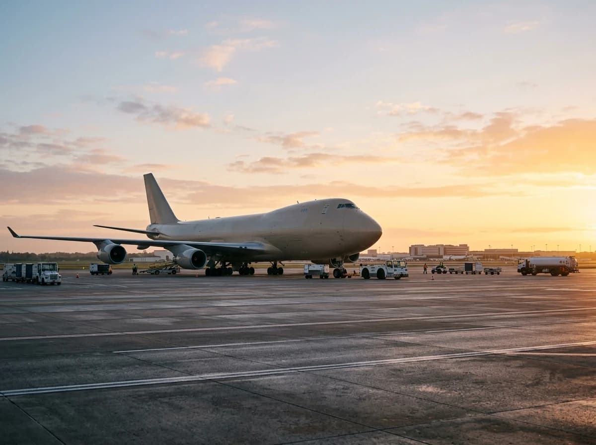 A large cargo plane is parked on an airfield at sunrise, with a faint glow illuminating the sky and tarmac.