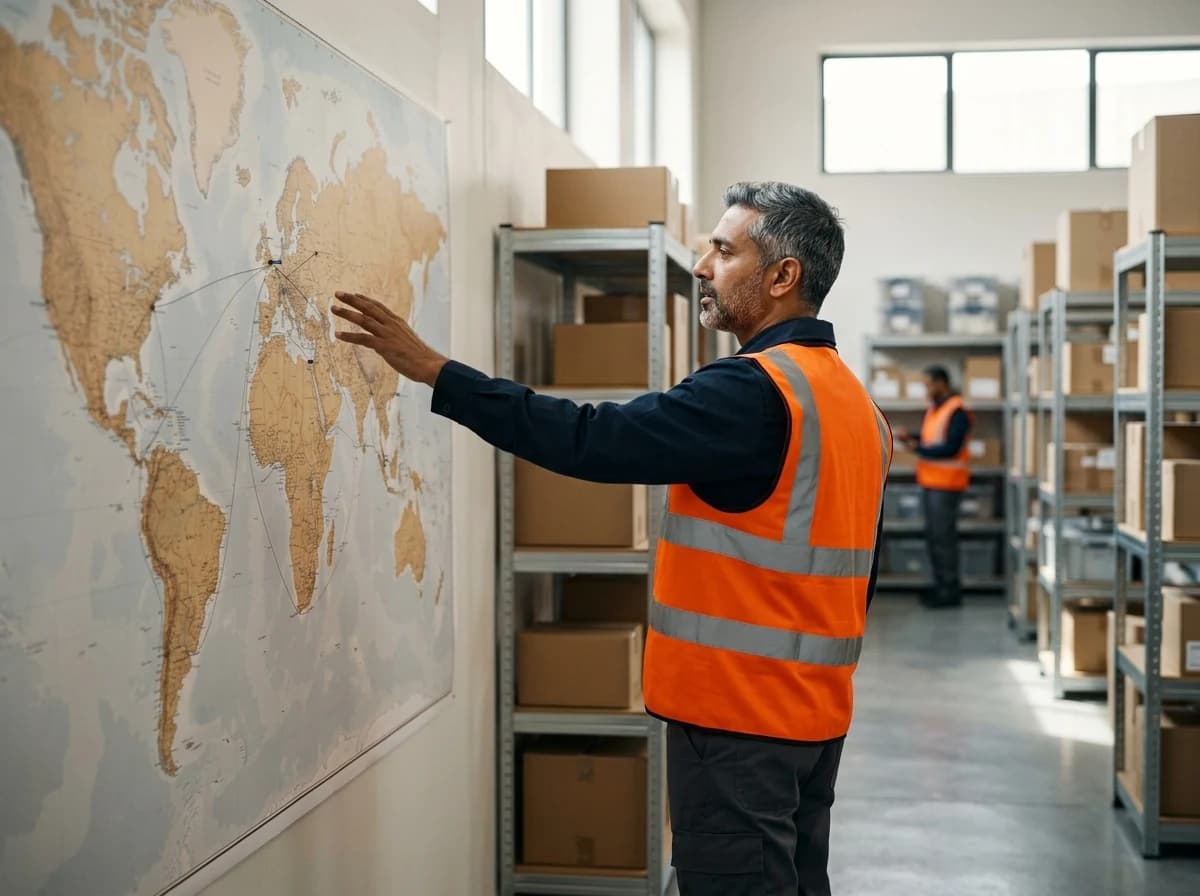 An adult male logistician, wearing a hi-vis vest, stands in a warehouse and gestures towards a large world map on the wall.