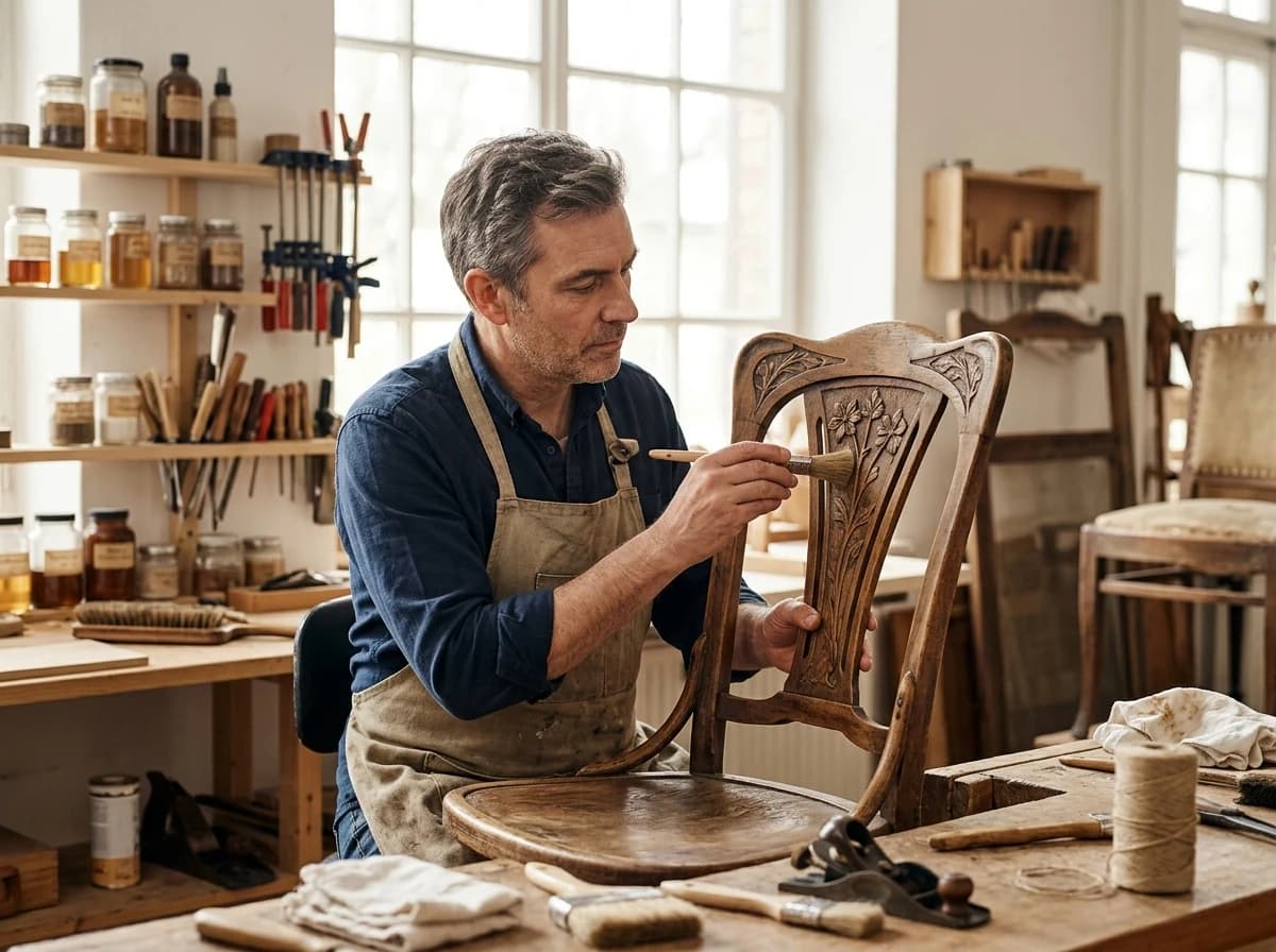 Skilled restorer meticulously cleaning and repairing a vintage wooden chair in a well-equipped workshop.