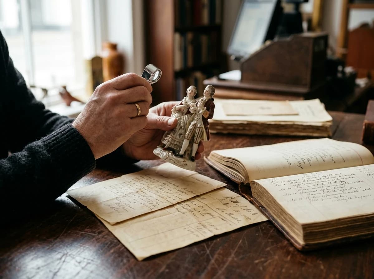 Close-up of an antique dealer examining historical documents and an antique object on a wooden table.