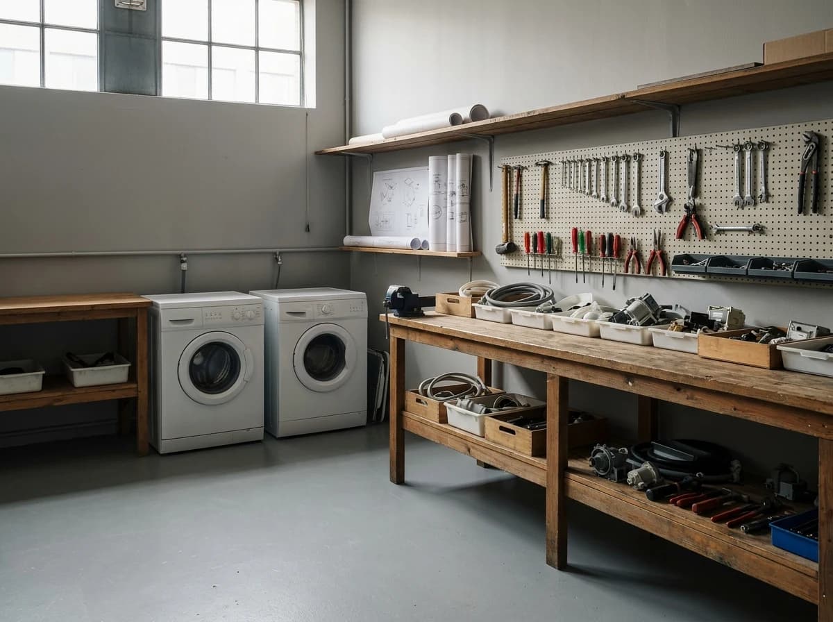 Washing machines and an organized tool bench in an appliance repair workshop.