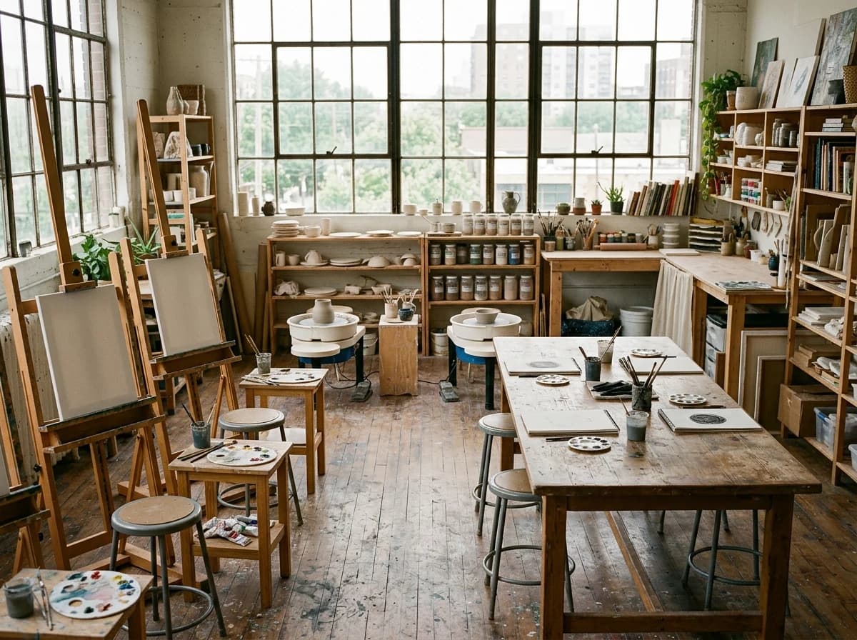 Spacious and bright art studio with easels, pottery wheels, and tables, ready for creative classes.