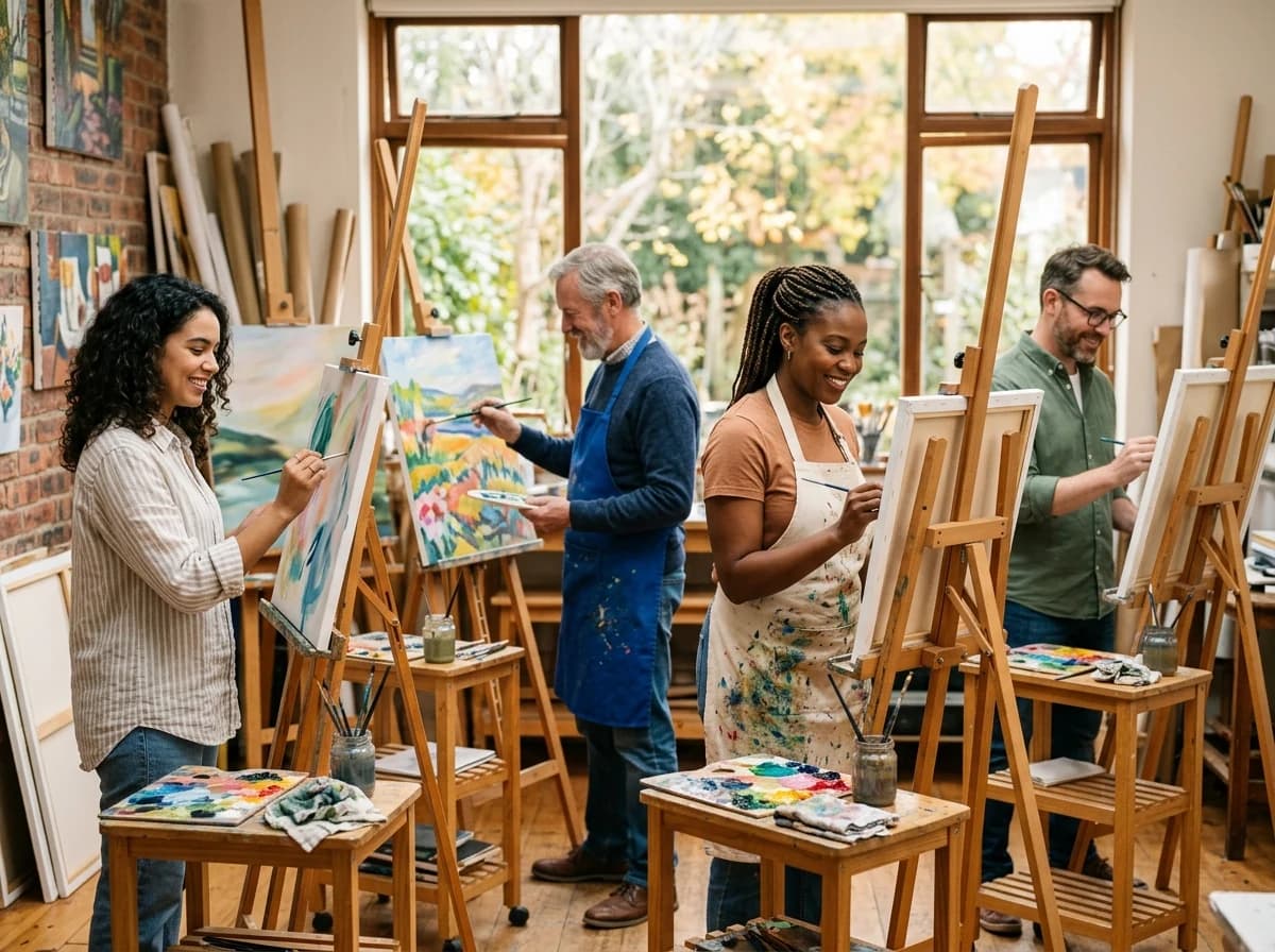 A group of adult students happily painting at easels in a vibrant art class, enjoying the creative process.