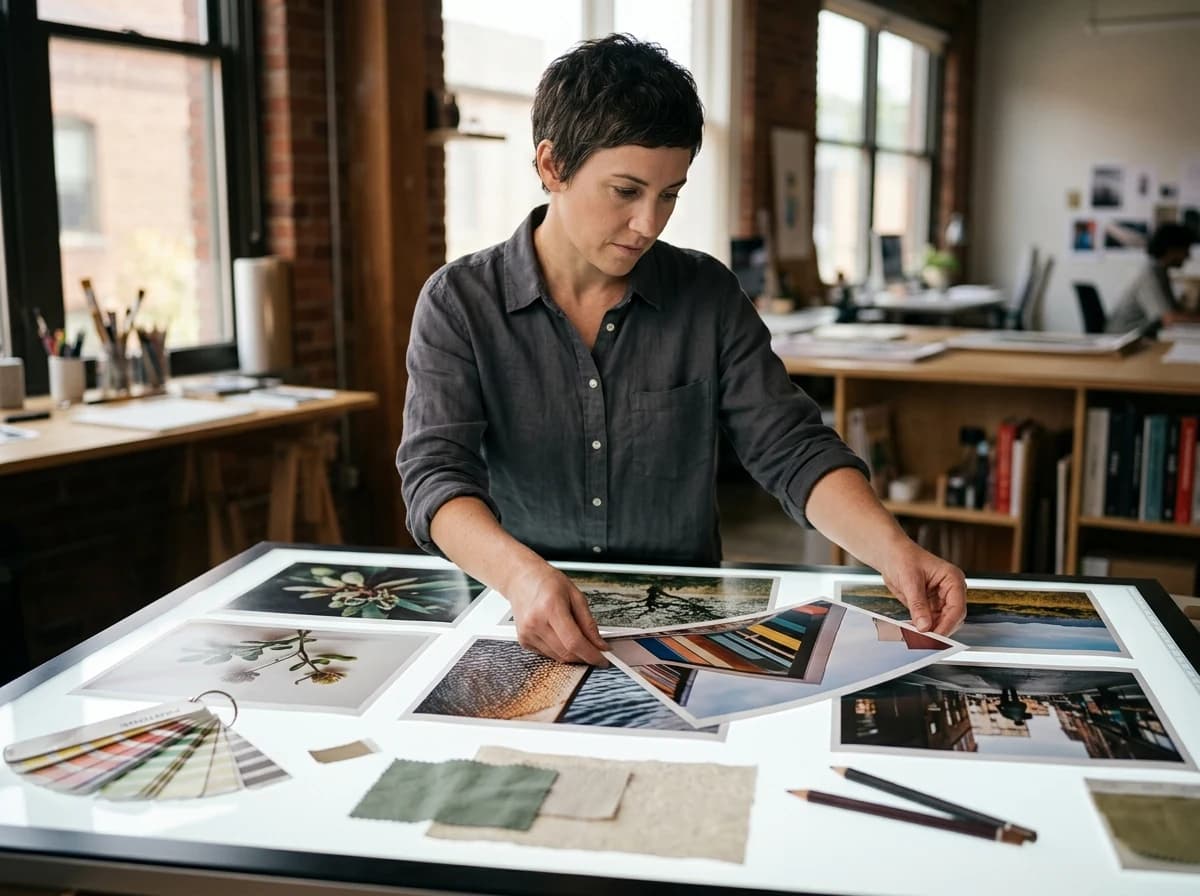 An adult art director meticulously arranging and reviewing a series of large, unlabeled photographic prints on a light table.