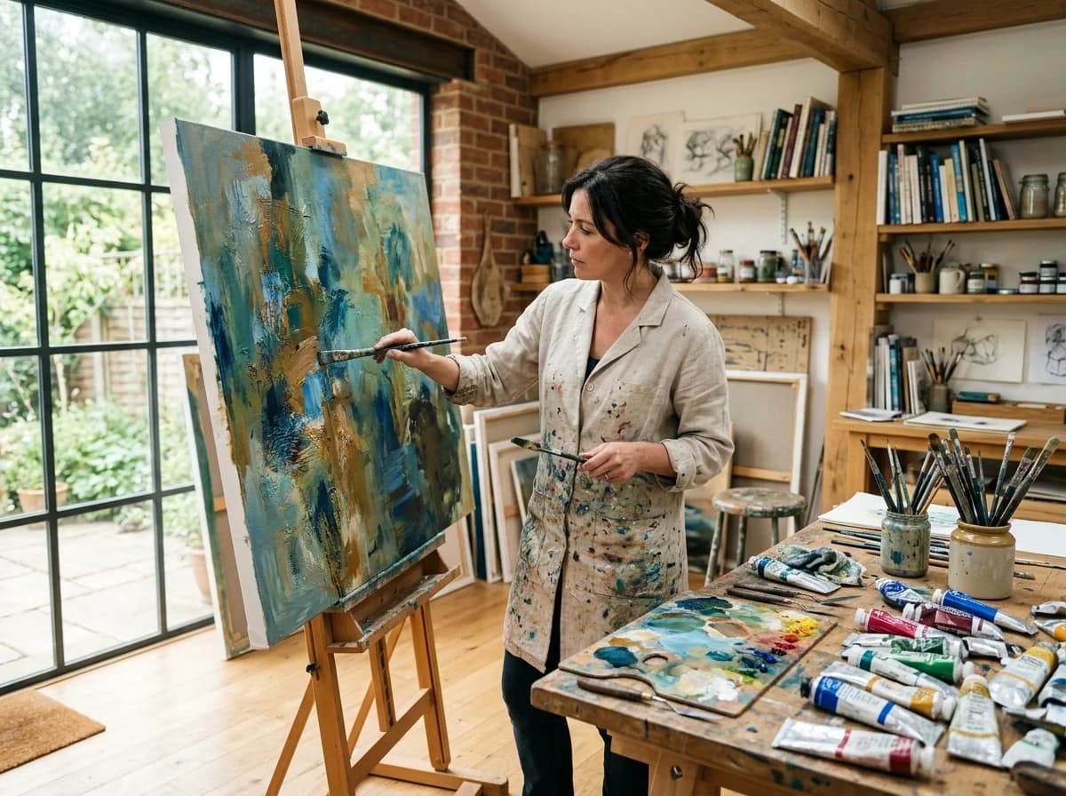An artist diligently working on a large canvas in a sunlit, organized art studio filled with supplies.