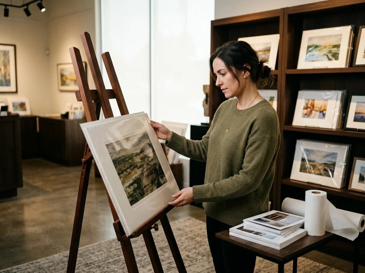 A customer examining a beautifully matted limited edition art print in a gallery's print sales area.