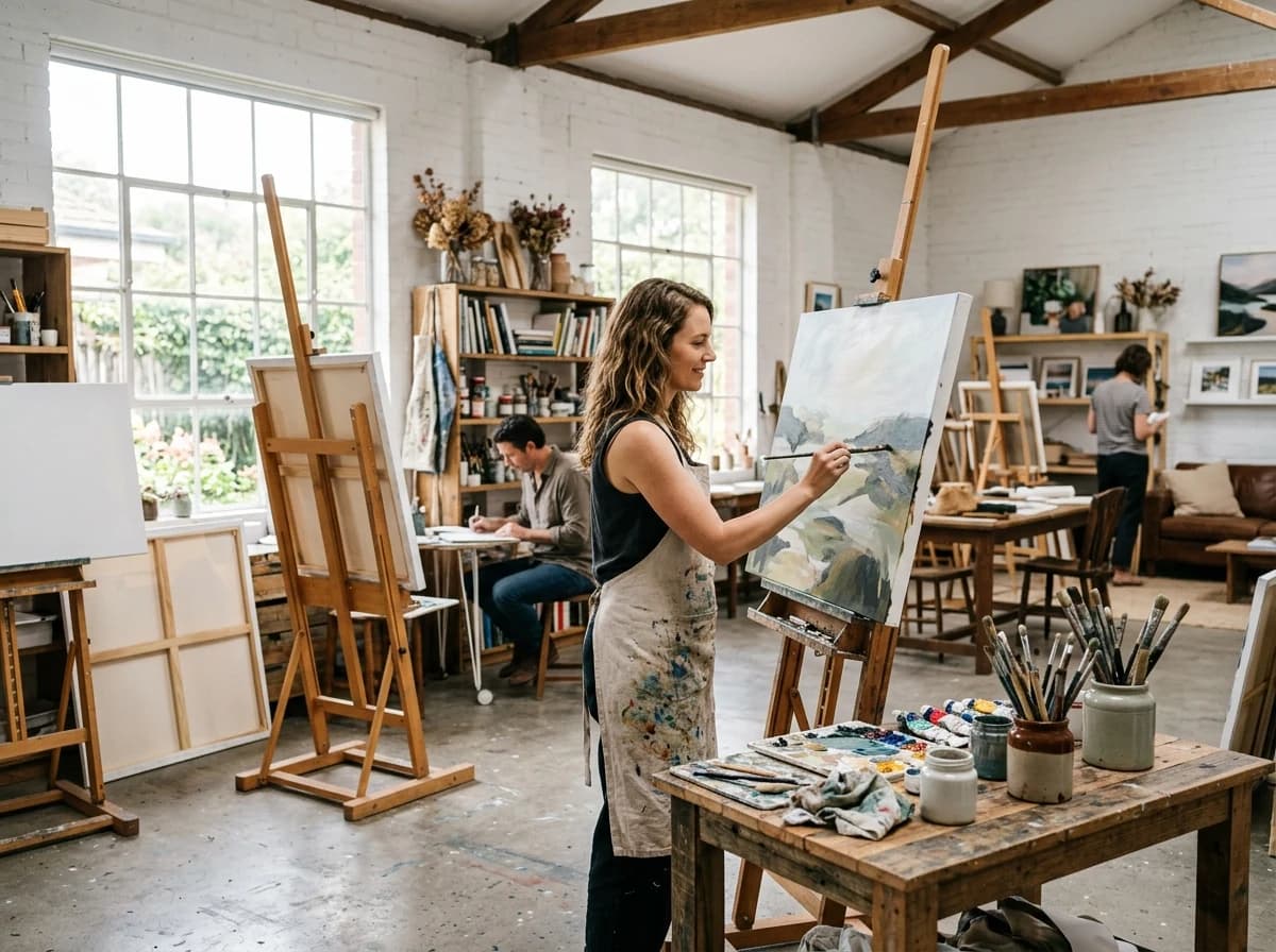 Bright, airy art studio with easels, canvases, and natural light from large windows.