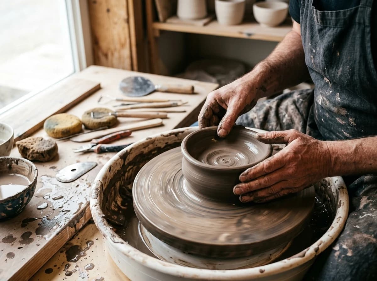 Close-up of hands shaping clay on a pottery wheel, with tools nearby.