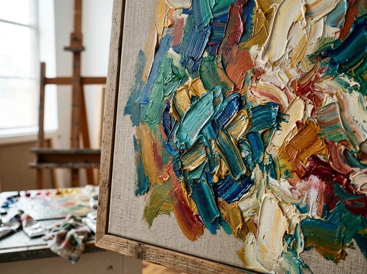 Close-up detail of a vibrant, textured abstract painting with rich brushstrokes and color.