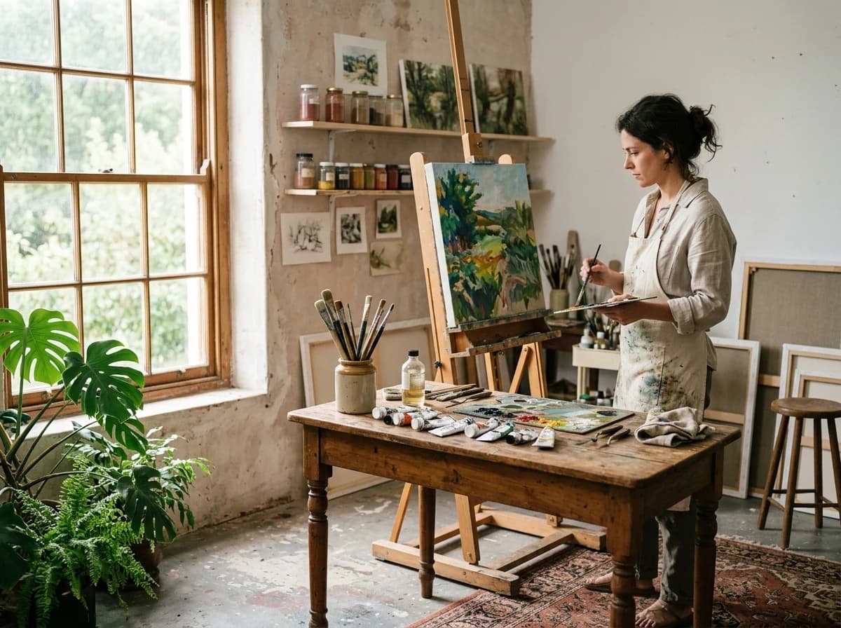 A well-lit artist's studio with an easel holding an in-progress oil painting, surrounded by tubes of paint, brushes, and natural light streaming in from a large window.
