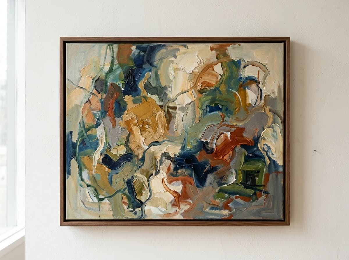A close-up of a beautifully framed abstract oil painting with rich textures and vibrant colors, professionally hung against a simple, light-colored gallery wall.