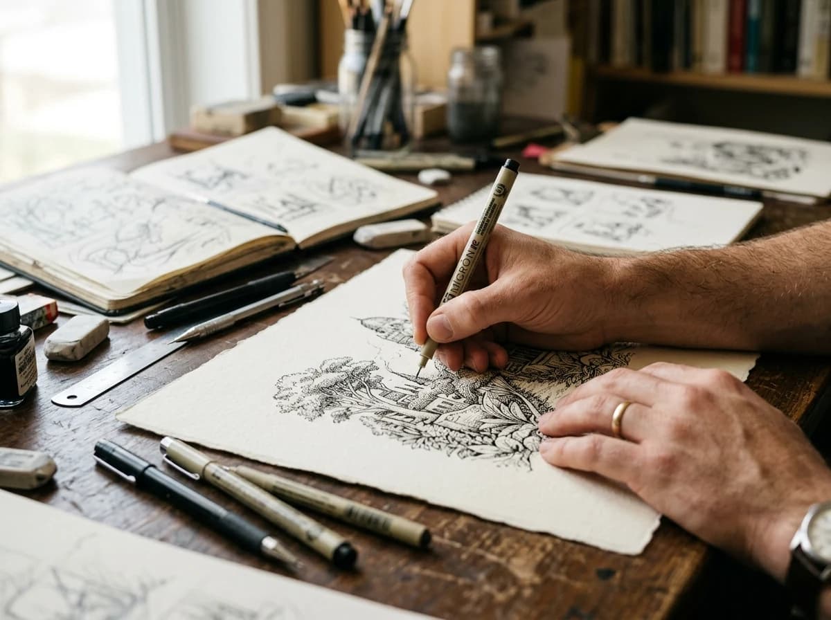 An illustrator's hands meticulously working with an ink pen on thick paper, creating fine lines for a detailed drawing, with various pens and sketches nearby.
