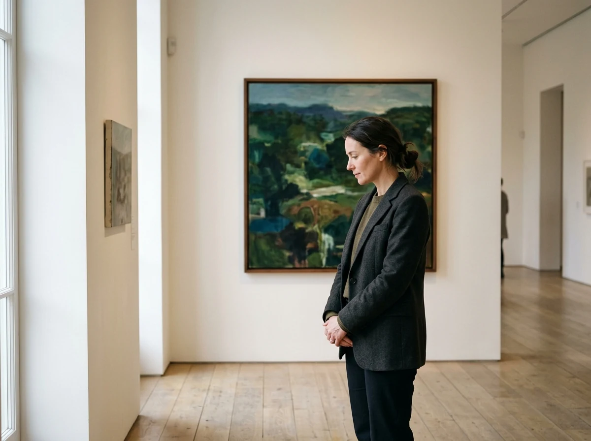 An adult observer stands thoughtfully in front of a framed painting in a minimalist gallery setting, with their hands clasped, appreciating the artwork.