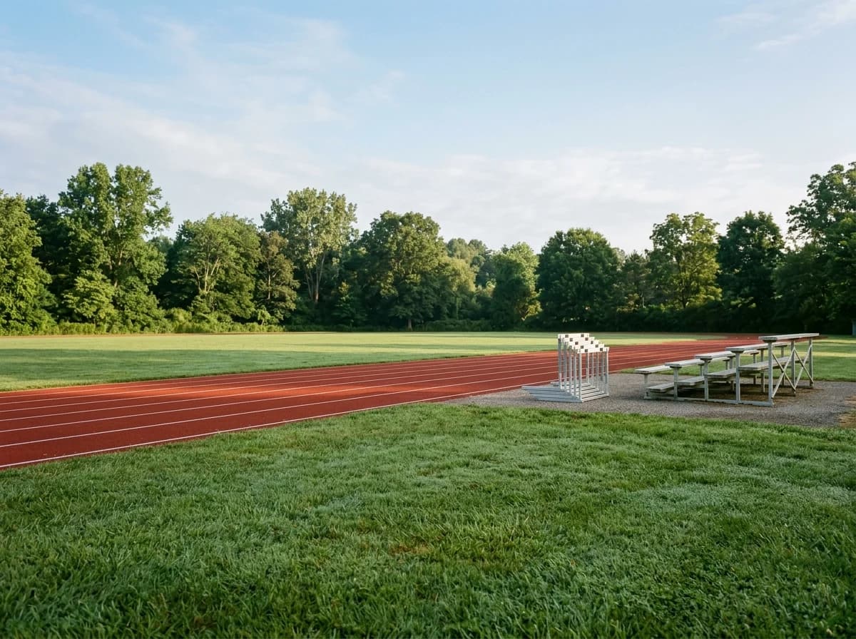 Open athletics training field with a straight track, hurdles and empty bleachers