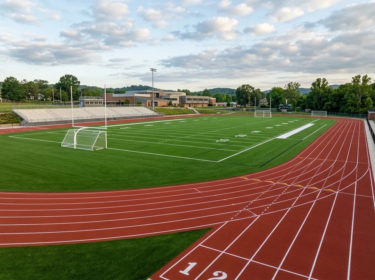 Empty, well-maintained high school athletic field with a track and goalposts under a bright, partly cloudy sky.