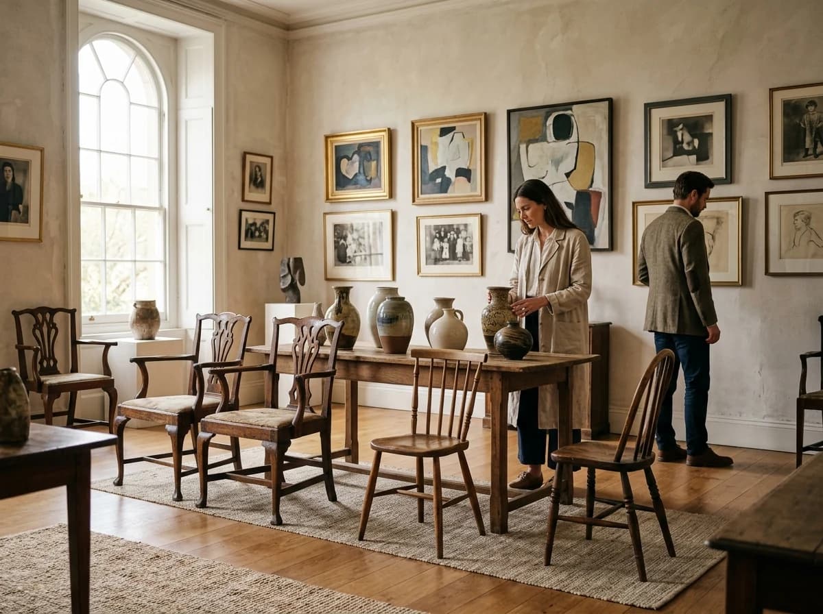Visitors viewing furniture, ceramics and artworks in an auction preview room.